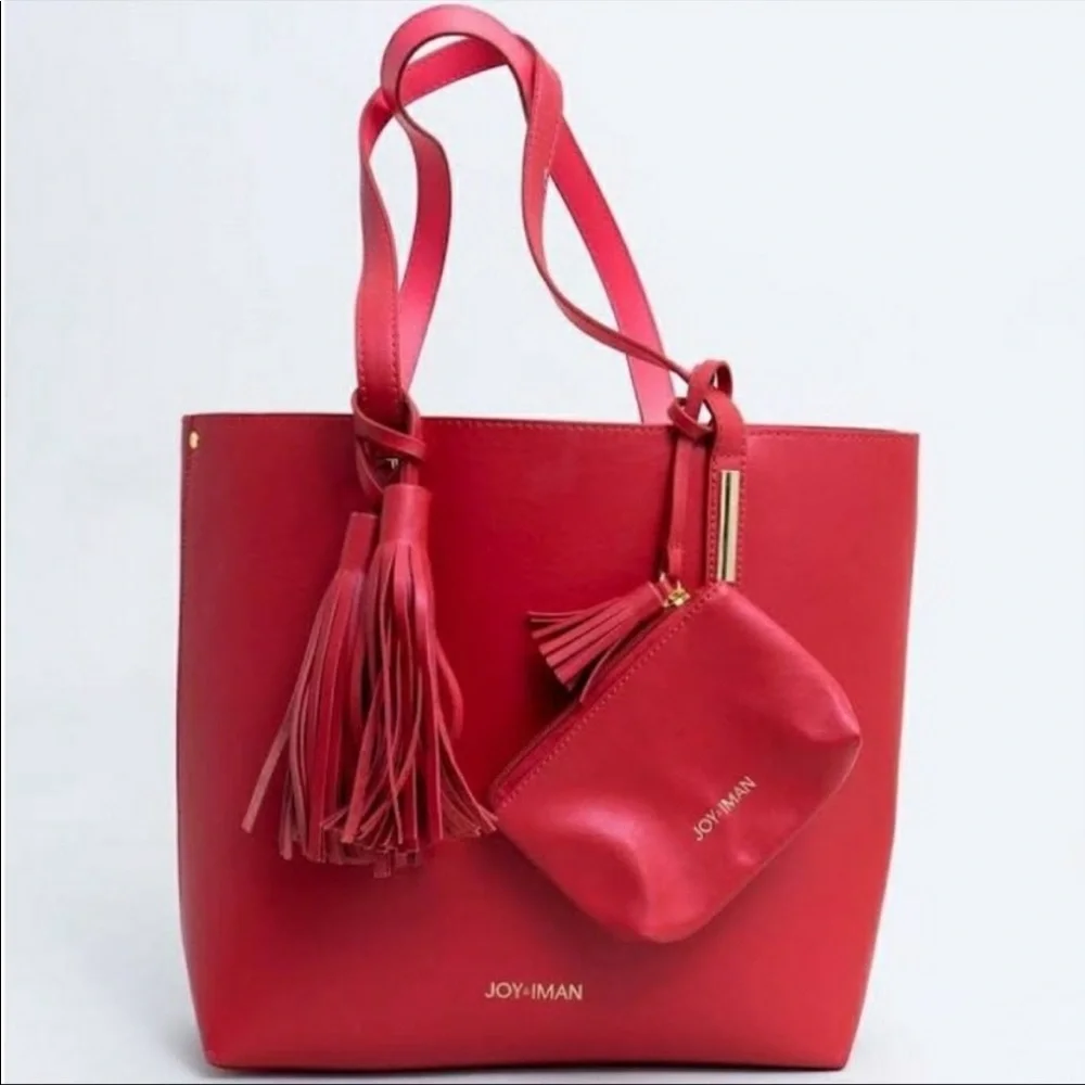 NEW Joy & Iman Red Tote Bag and Wristlet Vegan Leather Matte Classic